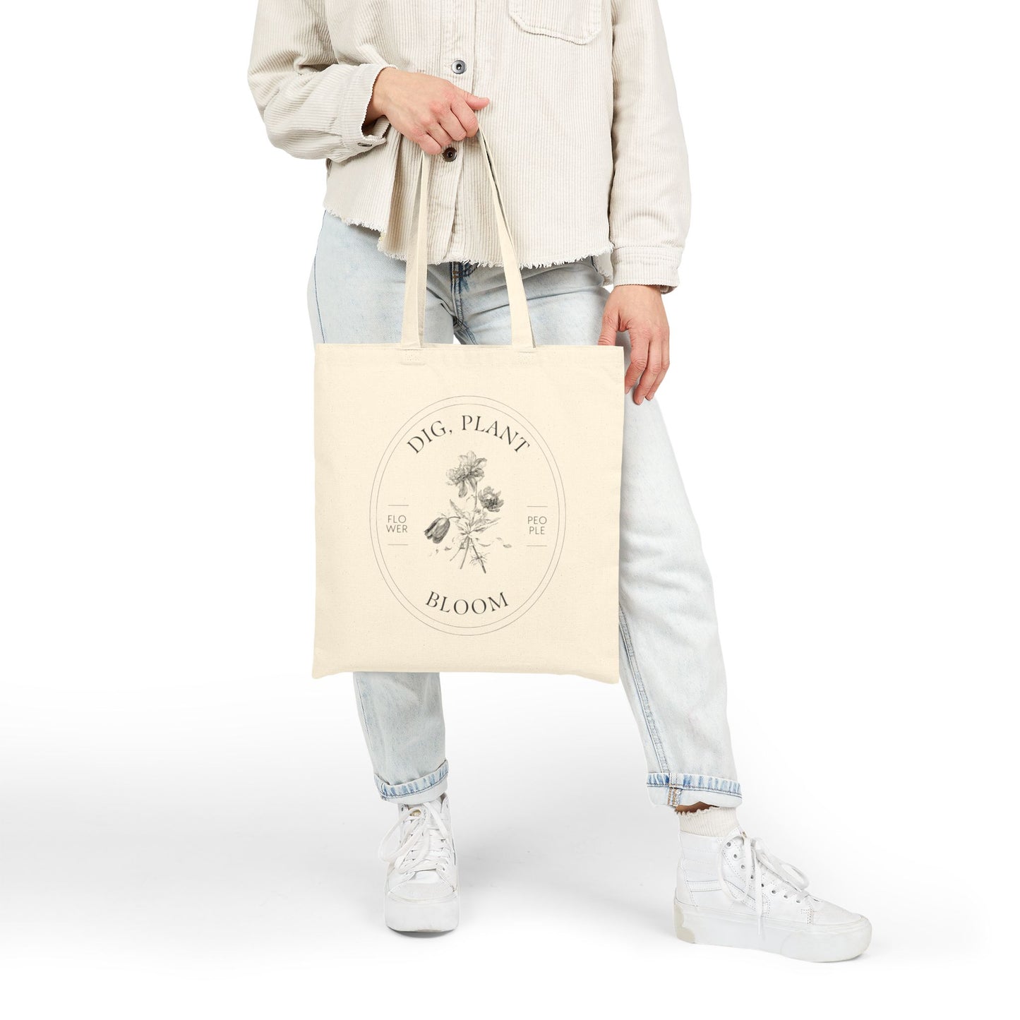 "Dig, Plant, Bloom" Floral Canvas Tote Bag