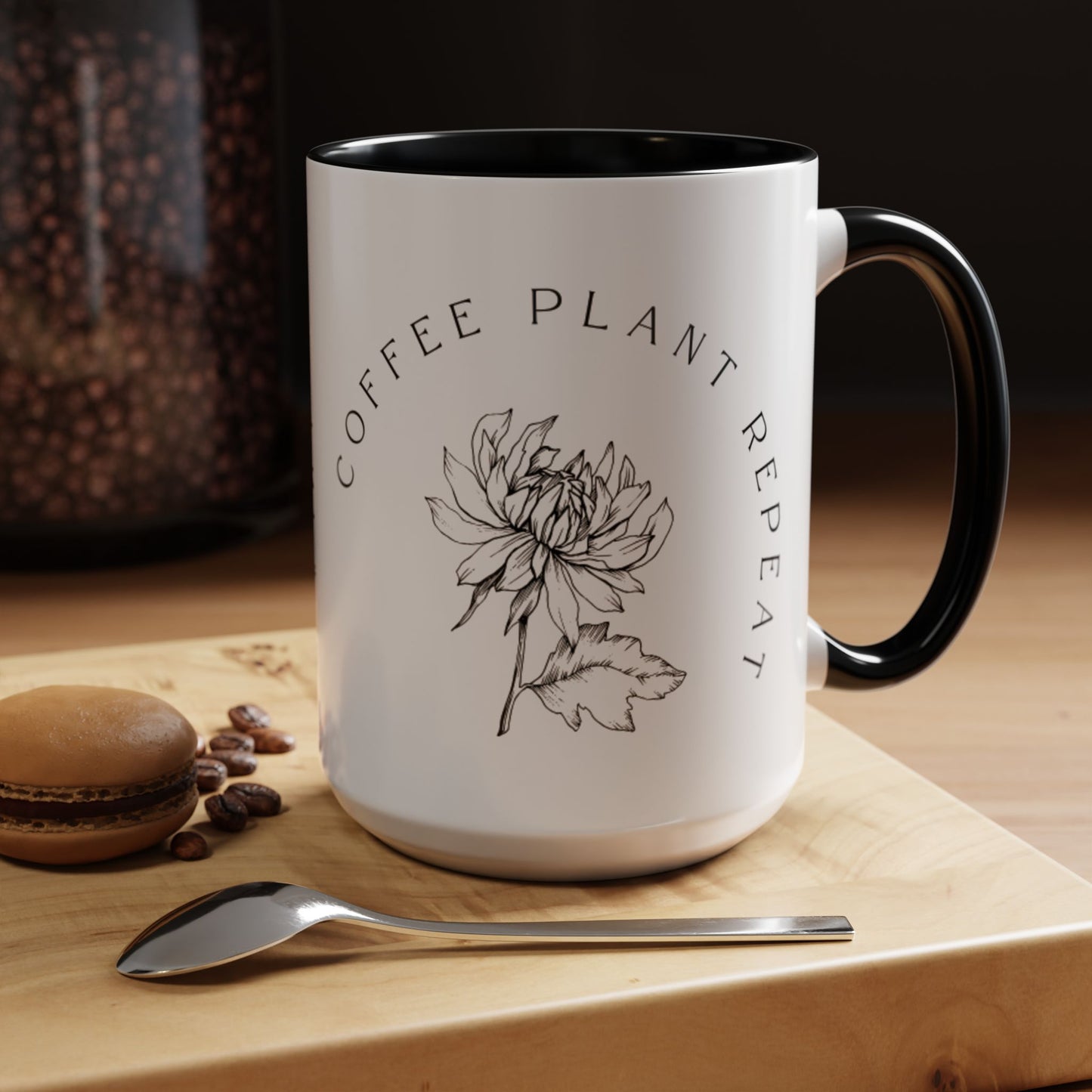 "Coffee Plant Repeat" 15oz Black Accent Floral Coffee Mug